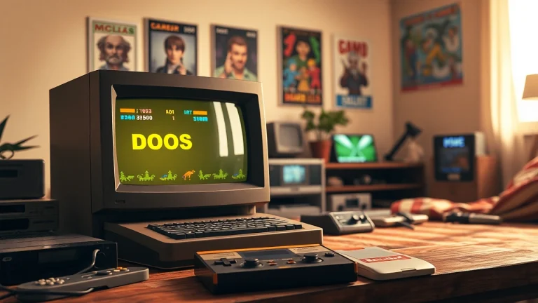 Experience nostalgic dos games online with a vintage computer and gaming accessories.
