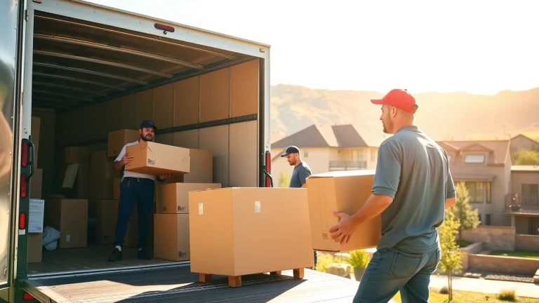 Movers in Colorado efficiently packing a moving truck in a scenic neighborhood, showcasing teamwork.