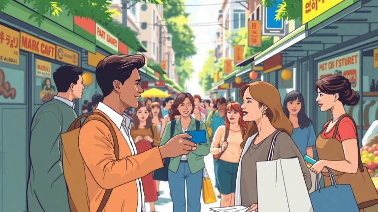 카드 결제 현금화 과정을 보여주는 도시 환경의 일러스트.