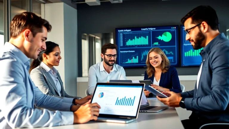 Analyze competitive intelligence data in a professional business meeting setting with diverse professionals.