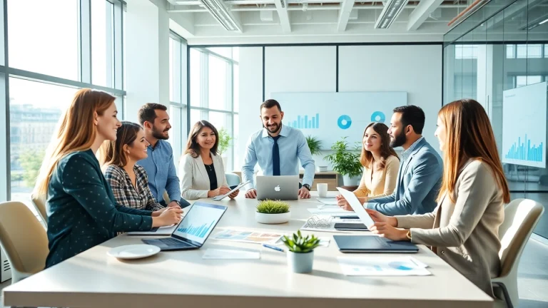 Analyze business trends through a collaborative team discussion in a modern office.