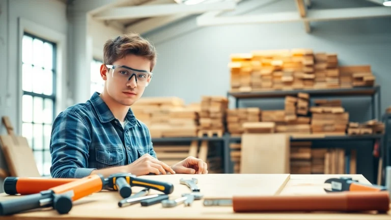 Carpentry apprenticeship near me highlighting a dedicated apprentice working in a bright workshop.