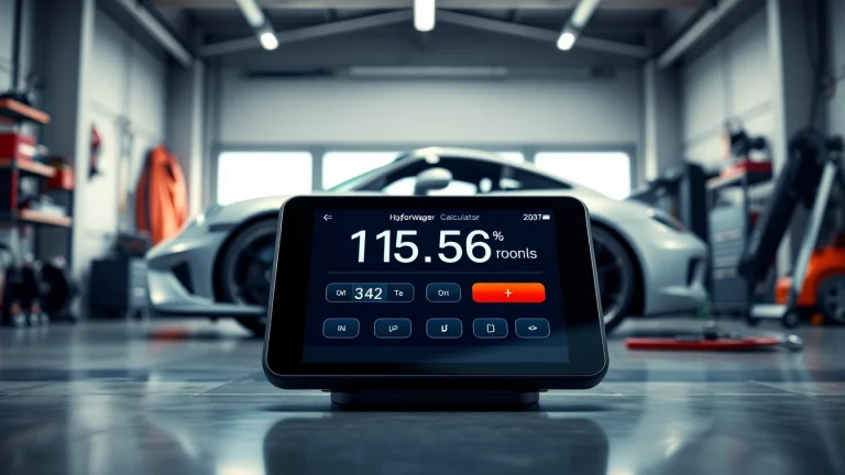 Calculate horsepower using a modern Horsepower Calculator displayed in a high-tech garage.