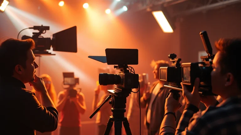 Film production team engaging in 영상제작 with professional equipment in a dynamic setting.