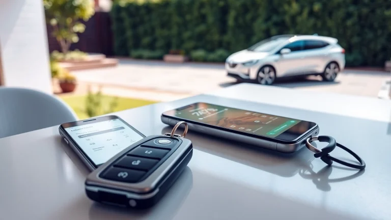 Discover modern keys for electric cars on a sleek surface beside a smartphone keyless entry app.