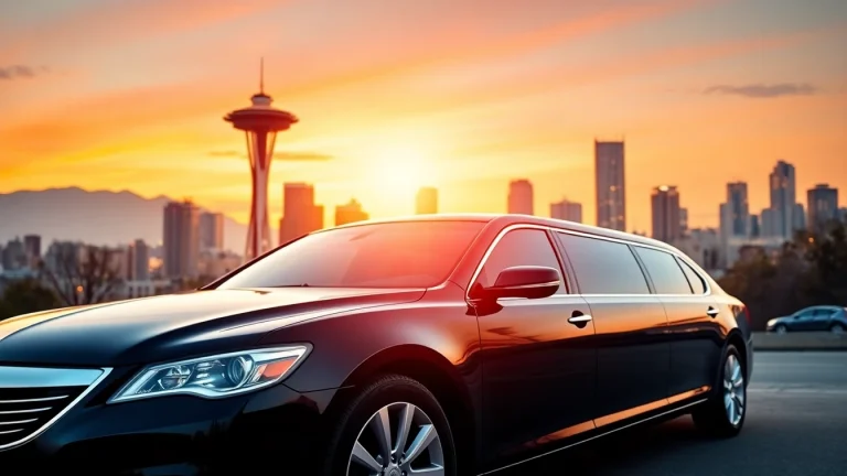 Experience luxurious car service to Seattle from Vancouver with our elegant limousine against Seattle's skyline.