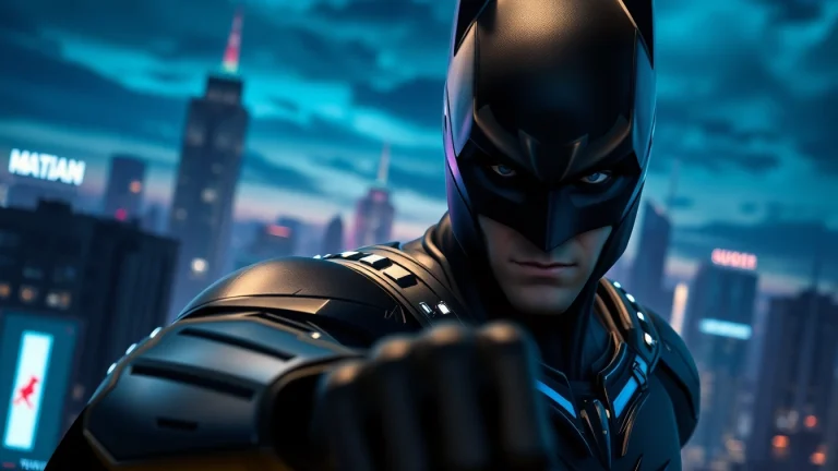 Bermain game batman138 dengan karakter pahlawan beraksi di kota futuristik.
