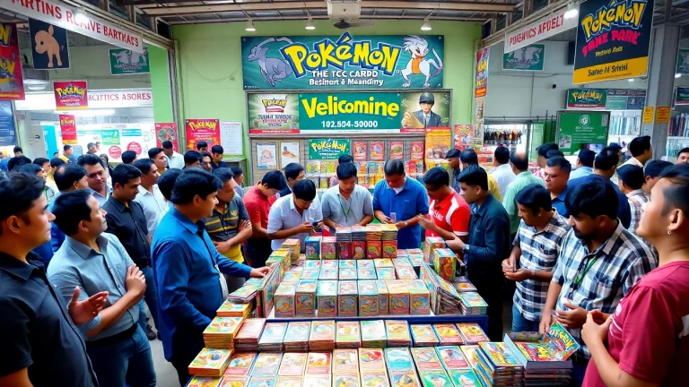 Collectors engaged in Pokemon tcg india while browsing colorful trading cards at a vibrant marketplace.
