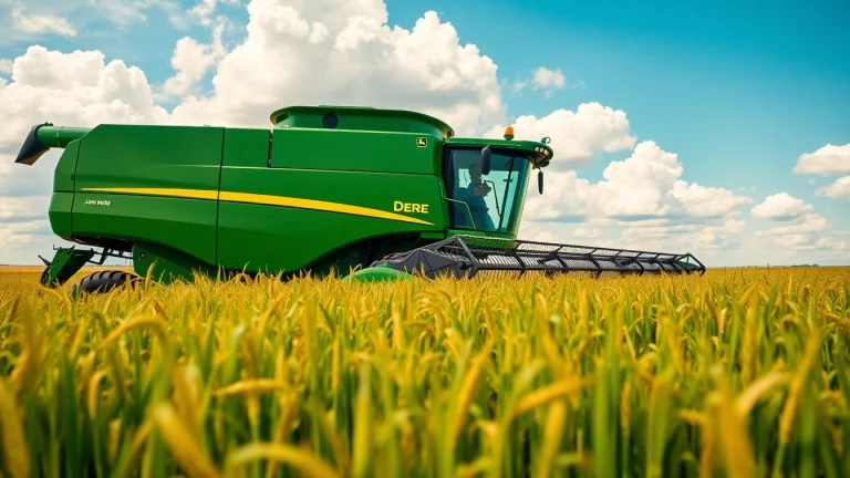 John Deere Mähdrescher im Einsatz auf einem Feld, symbolisiert moderne Landwirtschaft mit Effizienz.