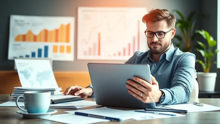 Entrepreneur analyzing data for a recession proof business in a bright office setting.