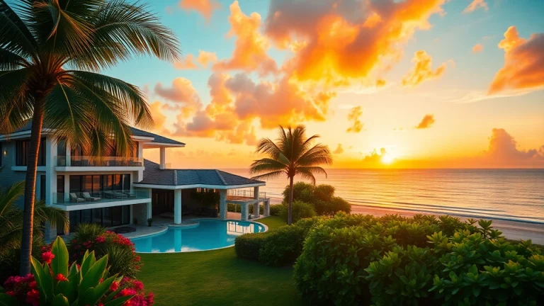 Buy Real Estate Belize with stunning beachfront property reflecting sunset colors.