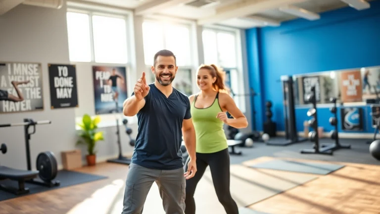 Engaged personal trainer tunbridge wells guiding a client during a workout session in a lively gym.