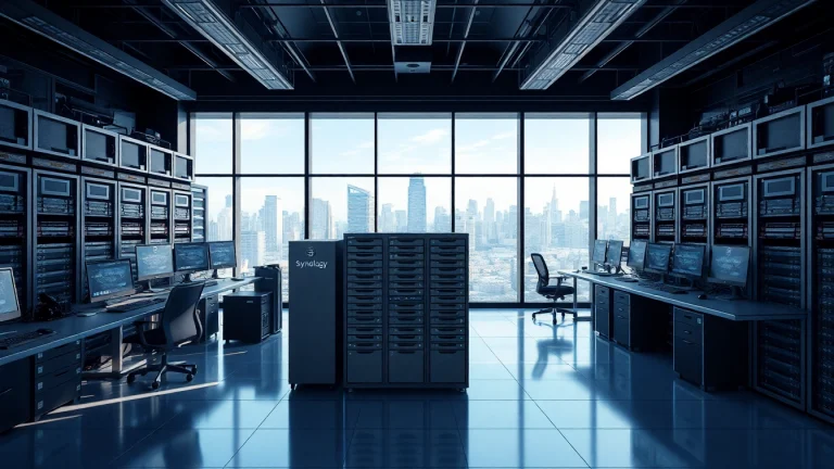 Showcasing Synology Storage units in a modern data center setting, demonstrating advanced technology.