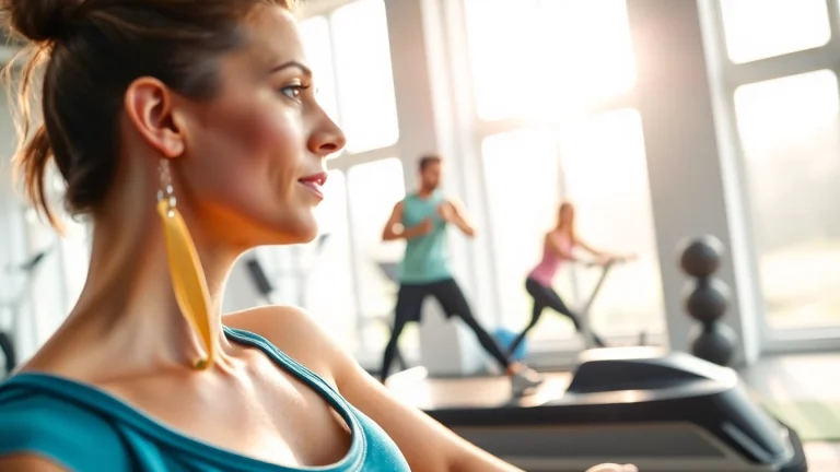 Trainer showcasing whole body vibration therapy on a modern vibration platform in a bright gym.