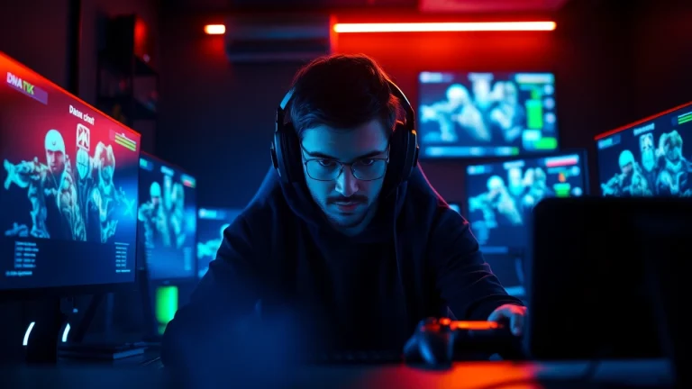Gamer utilizing dma cheats in a focused gaming environment with illuminated screens and gear.
