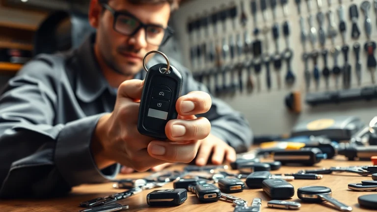 Locksmith handling replacement car keys, showcasing various key types and fobs.