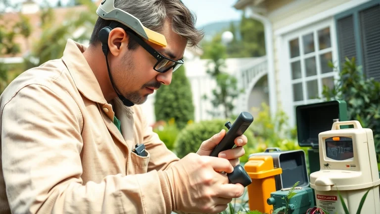 Engaging pest control services technician performing inspections in a residential yard with tools.