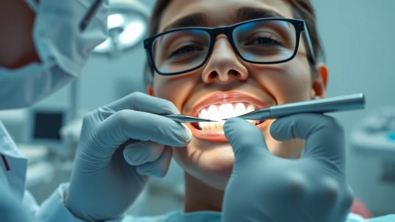 Dental crowns procedure with a skilled dentist carefully placing crowns on a patient's teeth.