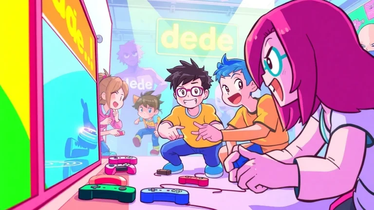Exciting characters playing the dede game, showcasing vibrant action and colorful game elements.