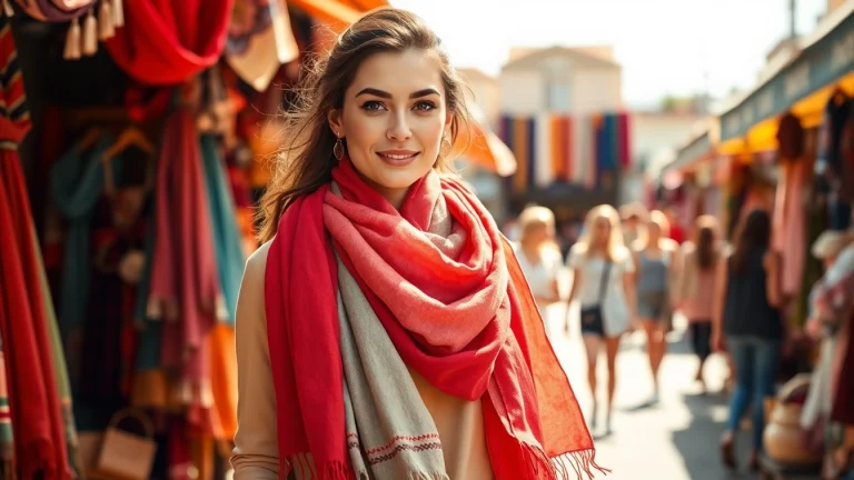 Shop vibrant scarves near me showcased by a confident model in a colorful outdoor market.