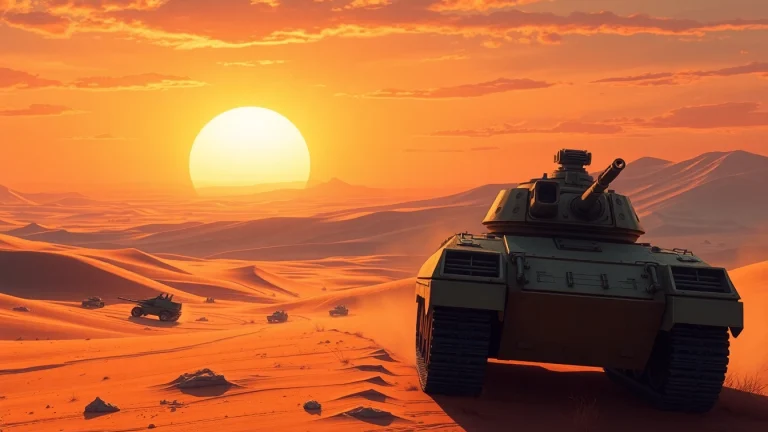 A dynamic battle scene featuring the Dune 2 game theme, showcasing tanks in a vibrant desert landscape.