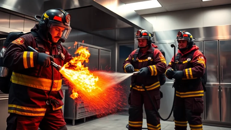 Engaging fire suppression service team expertly handling flames in a commercial kitchen.