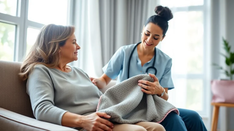 Supporting a breast cancer recovery journey with empathetic care in a warm healthcare setting.