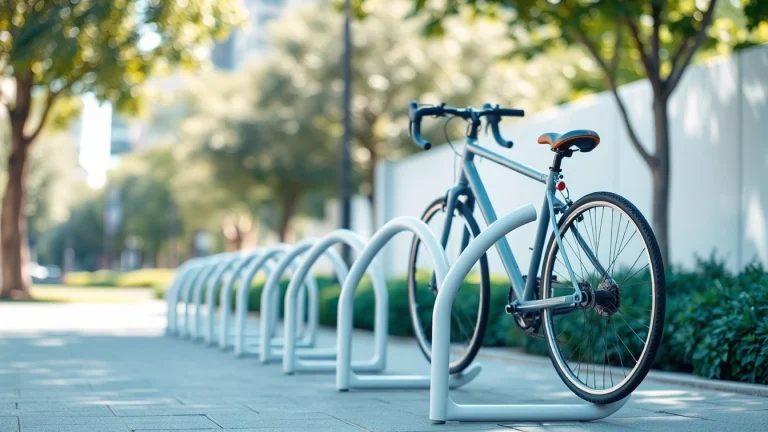 Showcasing a Minimalist bike rack with a stylish bicycle in an inviting urban park setting.