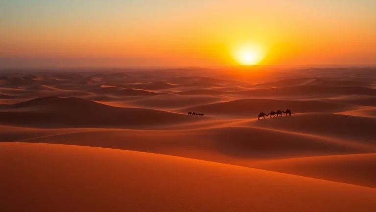 Experience Morocco Desert tours with a camel caravan against the stunning Sahara sunset.