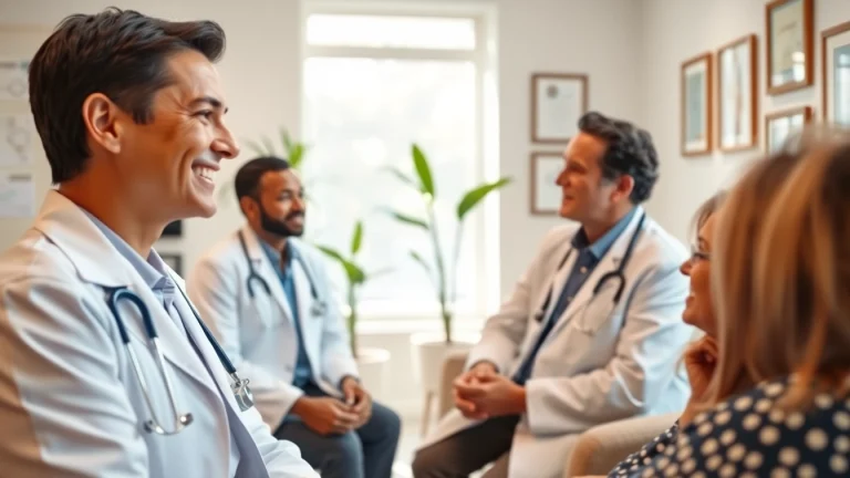 Concierge care physicians consulting with a patient in a bright, modern medical office.