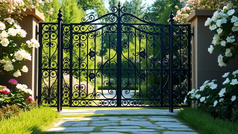 Admire the custom steel gates featuring intricate designs and strong craftsmanship in a lush garden.