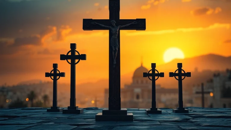 Admiring the iconic Jerusalem crosses with intricate designs against a sunset backdrop.