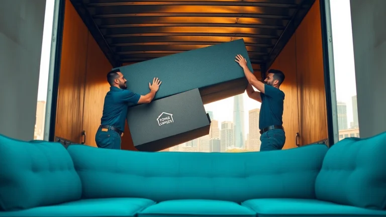 Movers in Toronto area loading a couch into a moving truck, exemplifying teamwork in an urban setting.